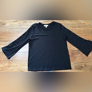 MICHAEL Michael Kors Womens Buttoned Long Sleeve Blouse Crew Neck Black Size L
